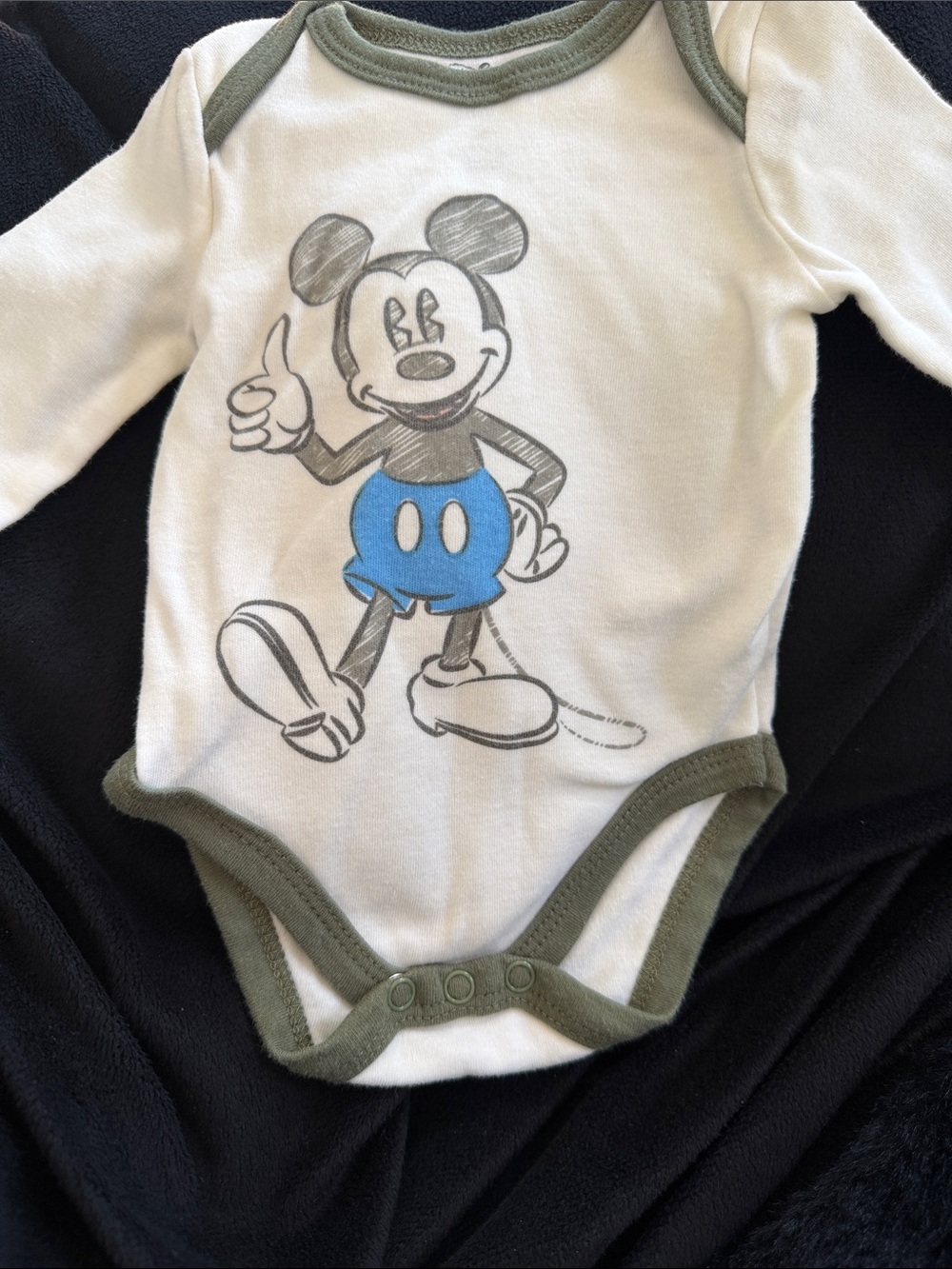 Disney White and Olive Mickey Mouse Bodysuit with Blue Shorts